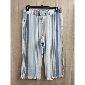Dash Womens Blue White Striped Linen Blend Cropped Drawstring Pants Size M Capri